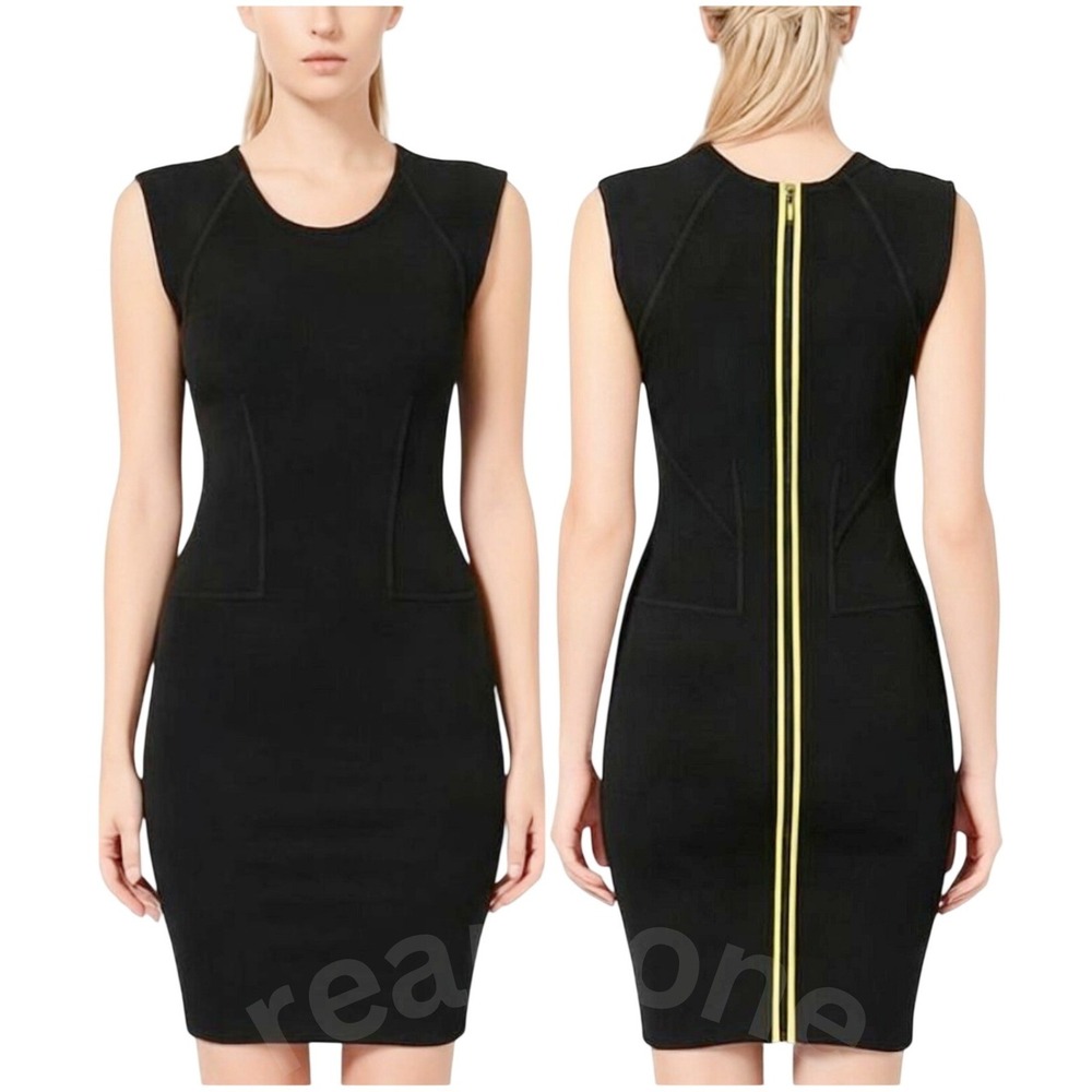 French Connection Women's T-Monique Stretch Cap Sleeve Dress Ebony/Soleil Size 8